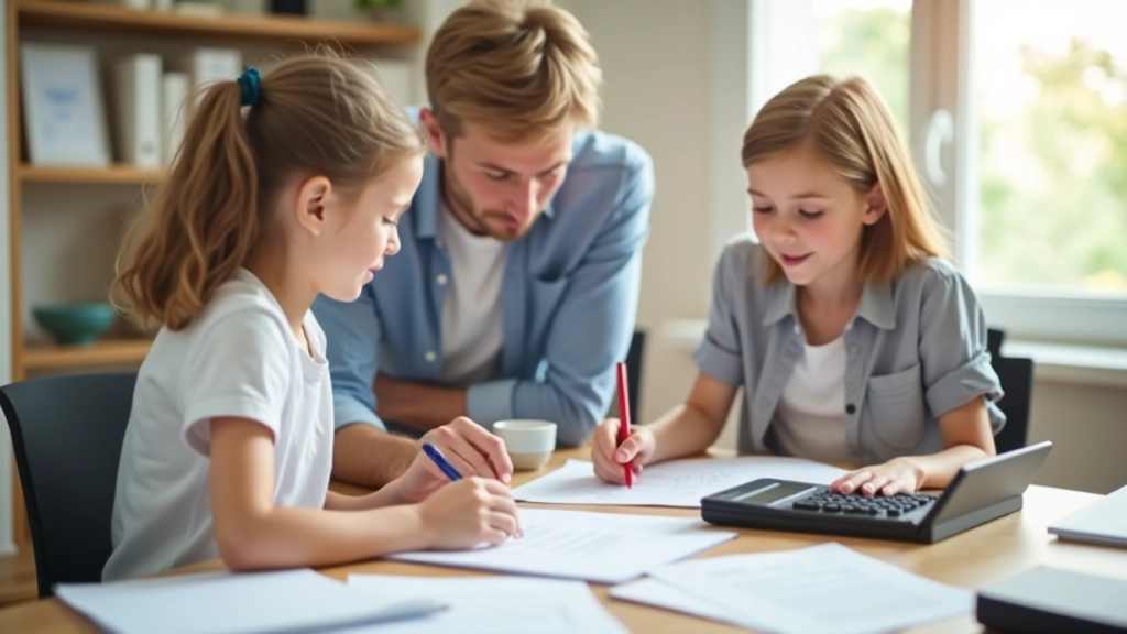 Famille analysant les reçus et relevés de dépenses vacances sur un bureau avec calculatrice et documents