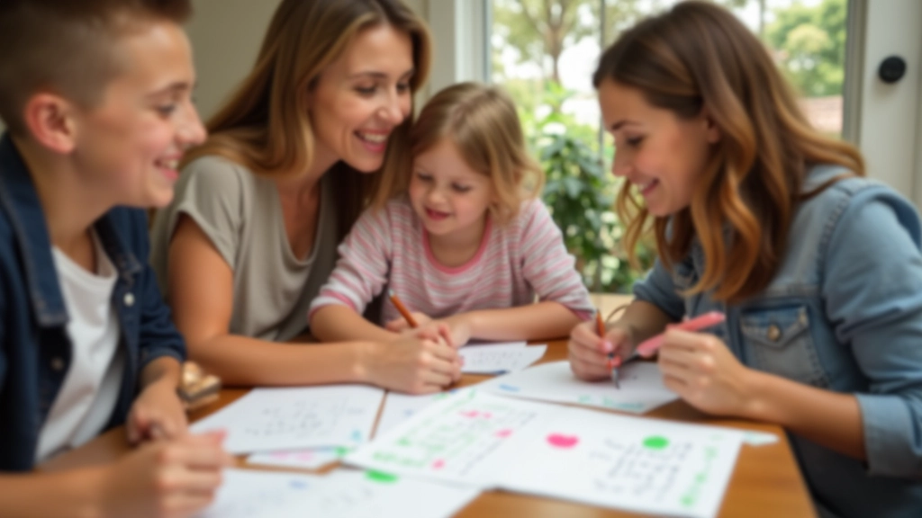 Famille autour d'une table avec bloc-notes et stylo, planification du budget quotidien
