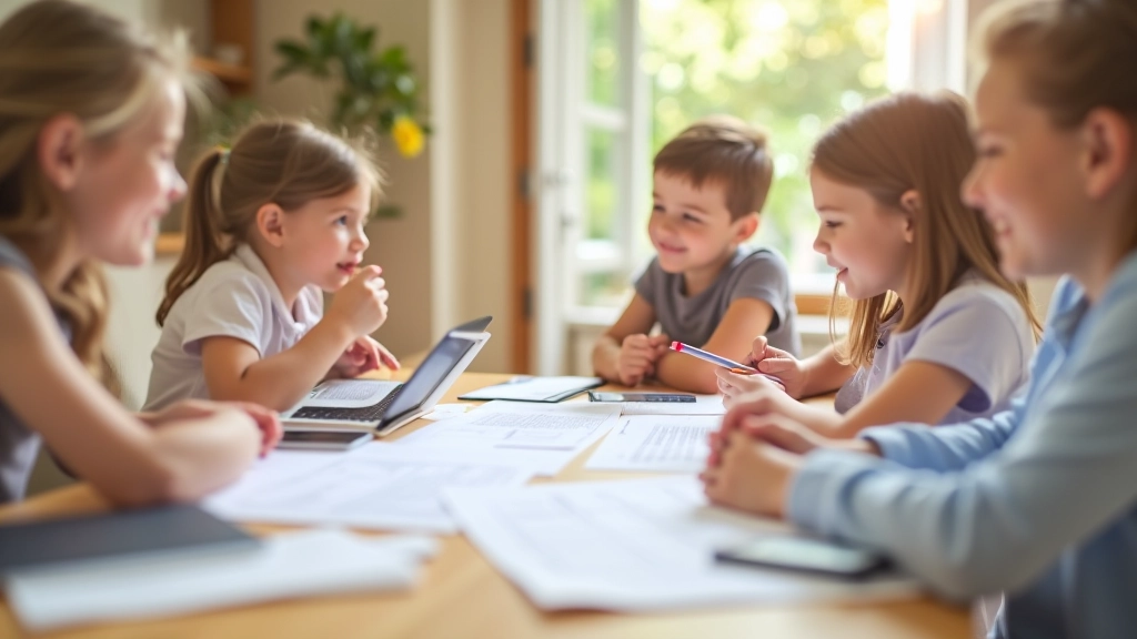 Famille planifiant son budget de vacances autour d'une table avec agenda et calculatrice