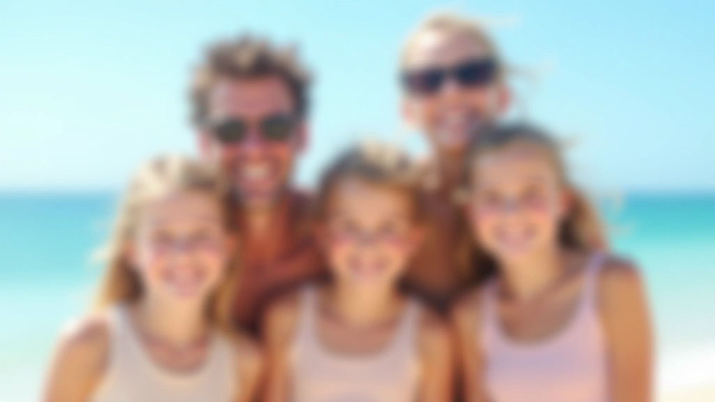 Famille en vacances sur une plage ensoleillée, parents et enfants souriants, mer en arrière-plan, lumière dorée du matin