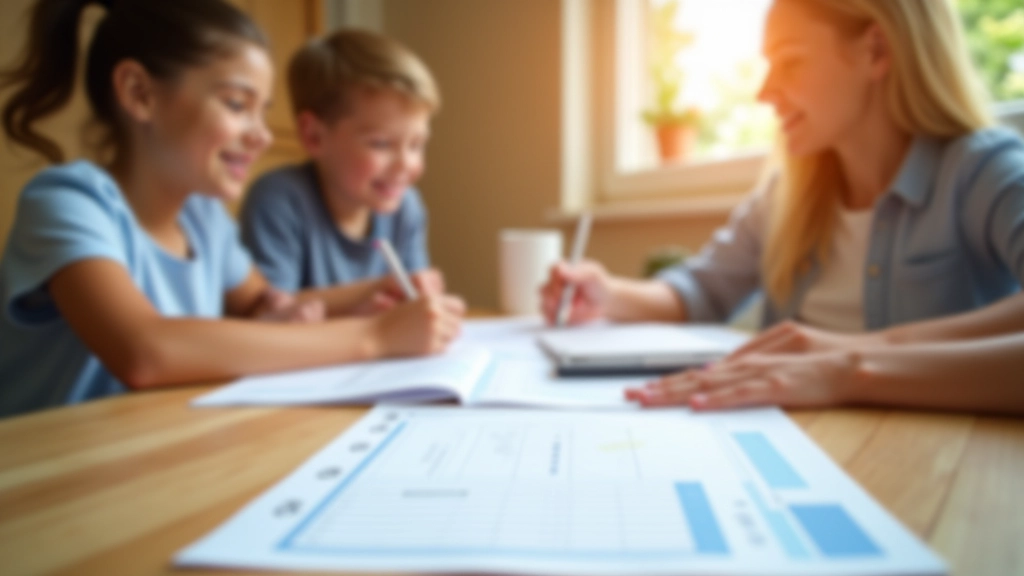 Famille planifiant les vacances prochaines avec tableau budget réaliste et notes annotées sur table