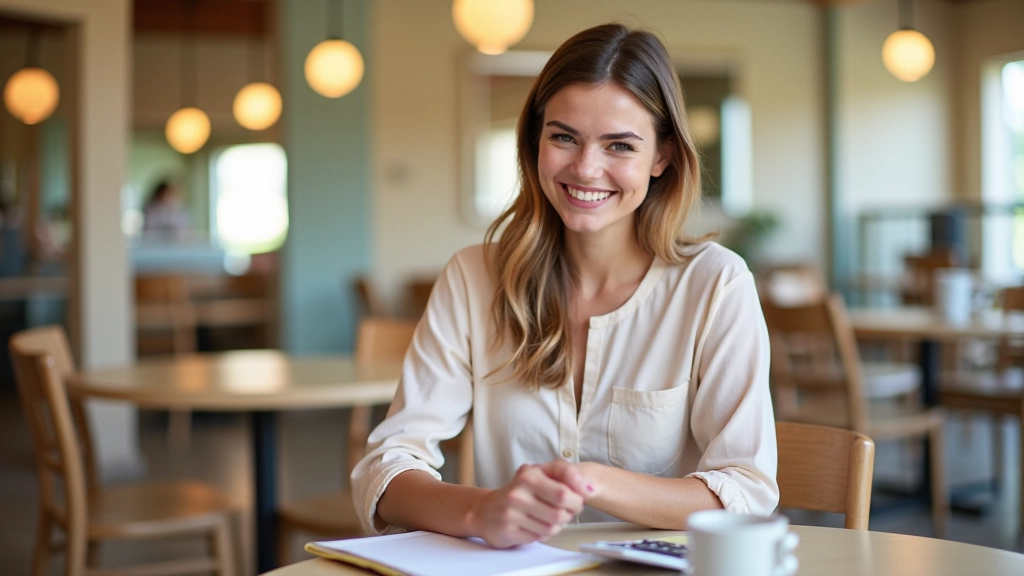 Femme tenant un carnet de dépenses et une calculatrice, assise dans un café pendant ses vacances
