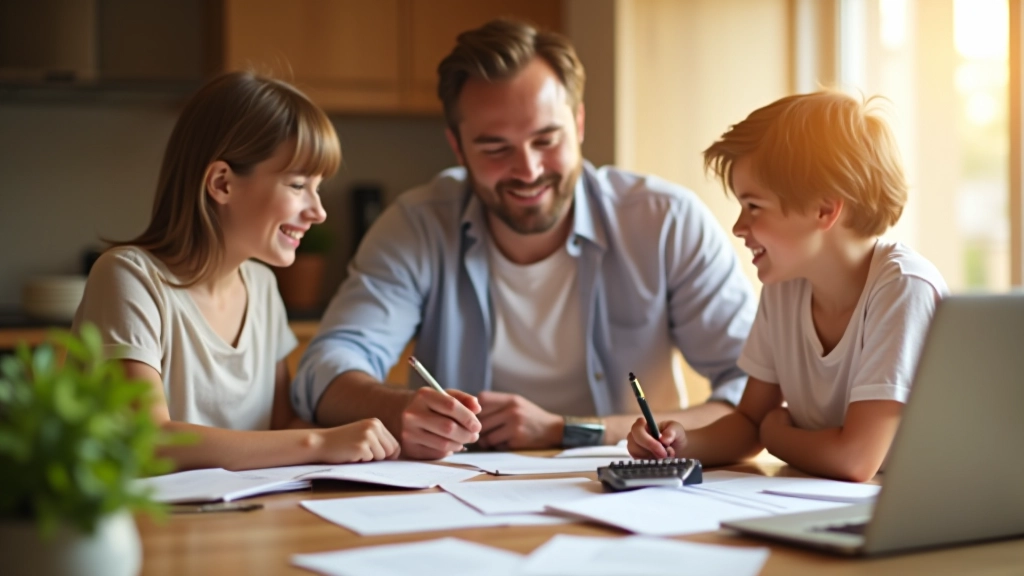 Famille calculant budget vacances