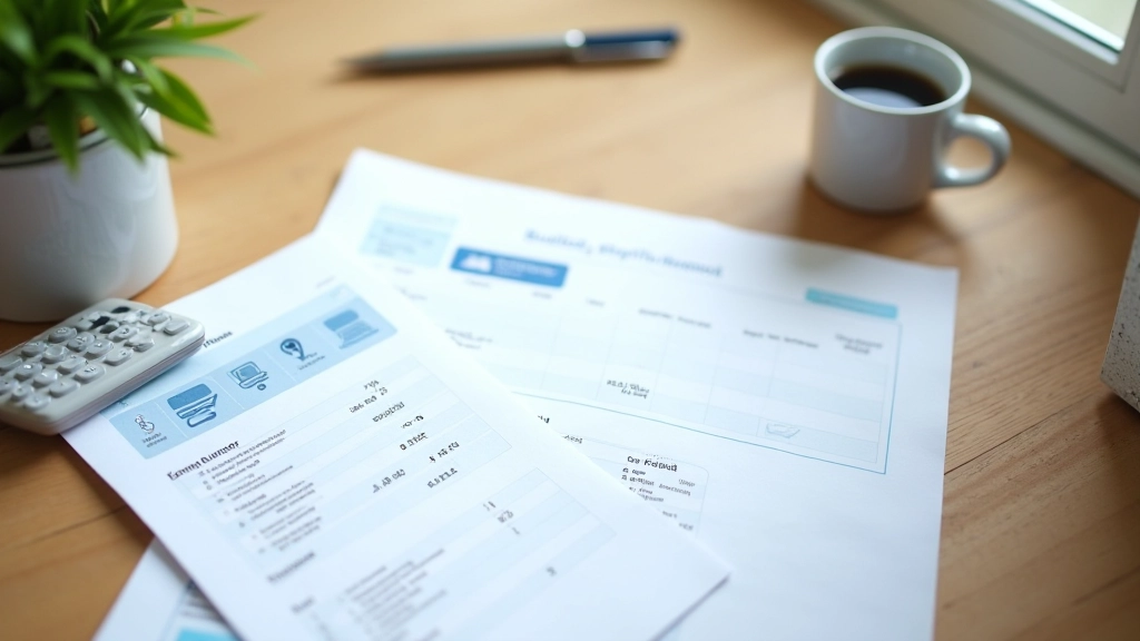 Tableau de planification budgétaire avec documents, calculatrice et stylo sur table de travail, lumière naturelle, mise à plat professionnelle